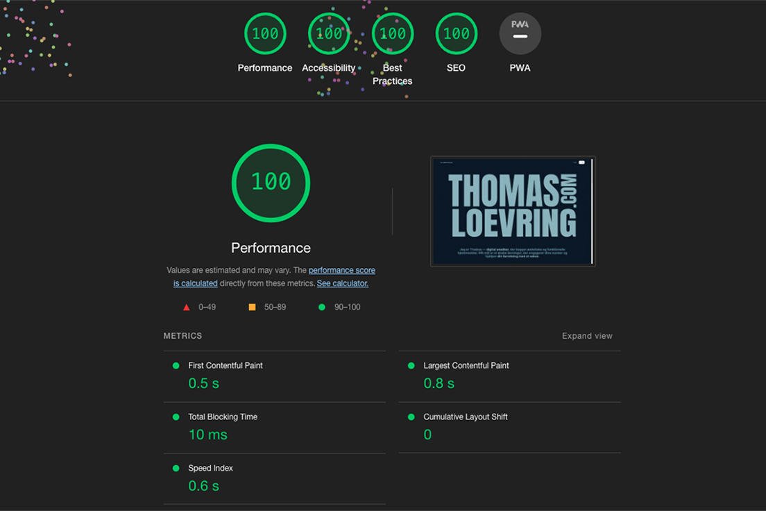 Billede der viser en høj Lighthouse score